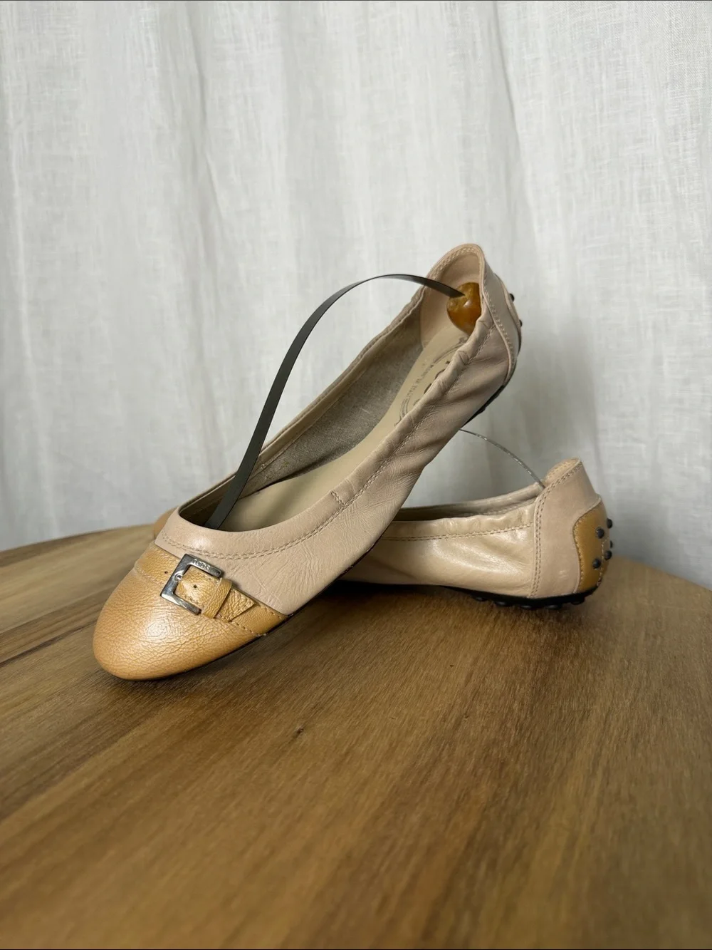 Tod's Two-Tone Beige & Tan Leather Ballet Flats with Buckle